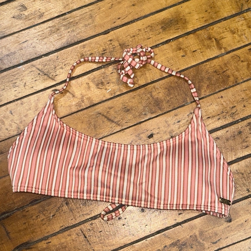 Roxy Womens Small Striped Ribbed Halter Bikini Top Terracotta Cream Swimwear